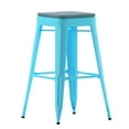 thumbnail image 2 of BizChair Set of 4 Commercial Grade 30" High Backless Teal Metal Indoor Bar Height Stools with Teal-Blue All-Weather Poly Resin Seats, 2 of 13