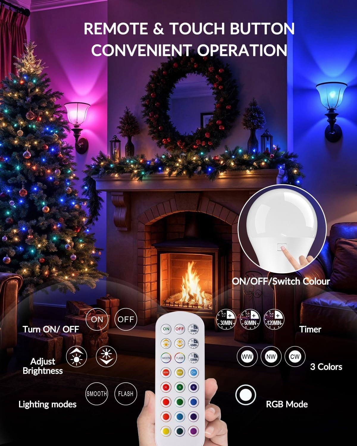 E26 Rechargeable Light Bulb with Remote Control,Battery Light Bulb,RGB Color Changing & 3 Color Temperature,Dimmable Bulb with Timer Function for Wireless Table Lamps,2 Pack(4.86" Long)