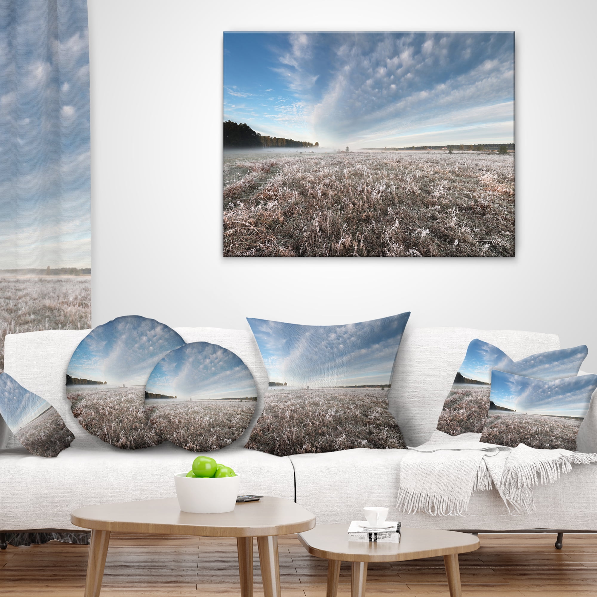 Designart Autumn Hoarfrost on Grass - Landscape Printed Throw Pillow - 16x16