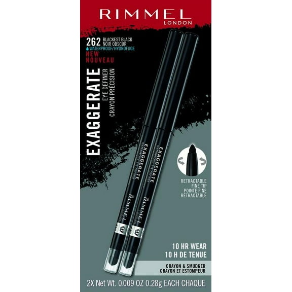 Rimmel London Exaggerate Waterproof Eye Definer Pencil Duo Pack, Blackest Black, 0.009 oz