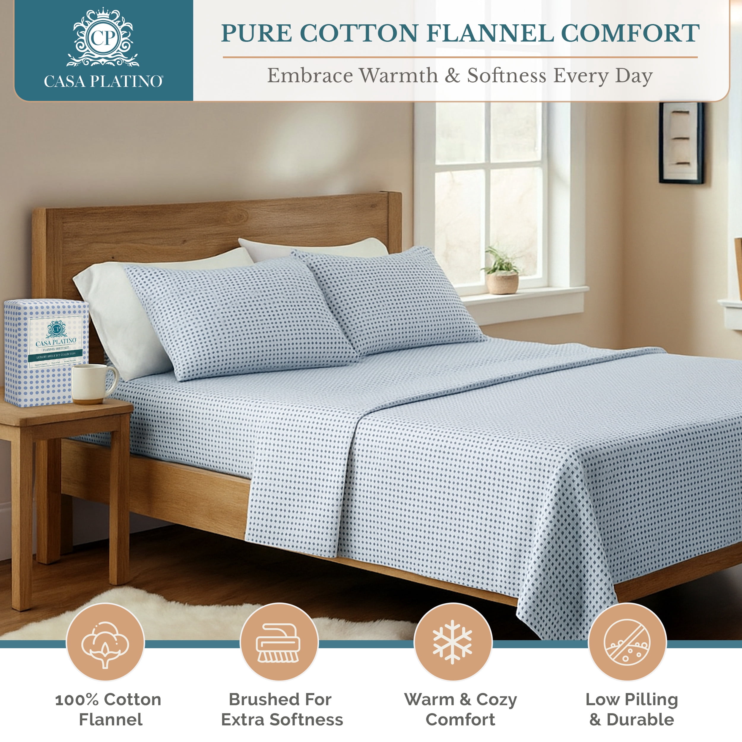 100% Cotton Flannel Twin Bed Sheet Set, 3 Piece Deep Pocket Sheets, Polka Dot Blue