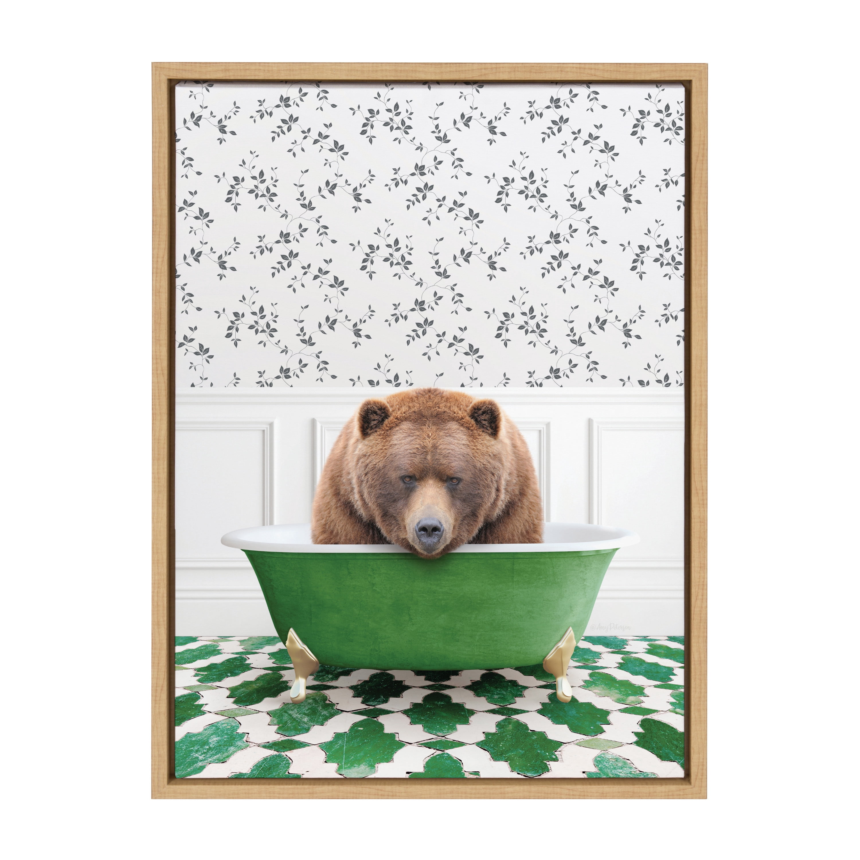 Kate and Laurel Sylvie Big Bear In Eclectic Green Bath Framed Canvas Wall Art by Amy Peterson Art Studio, 18x24 Natural, Whimsical Animal Art for Wall