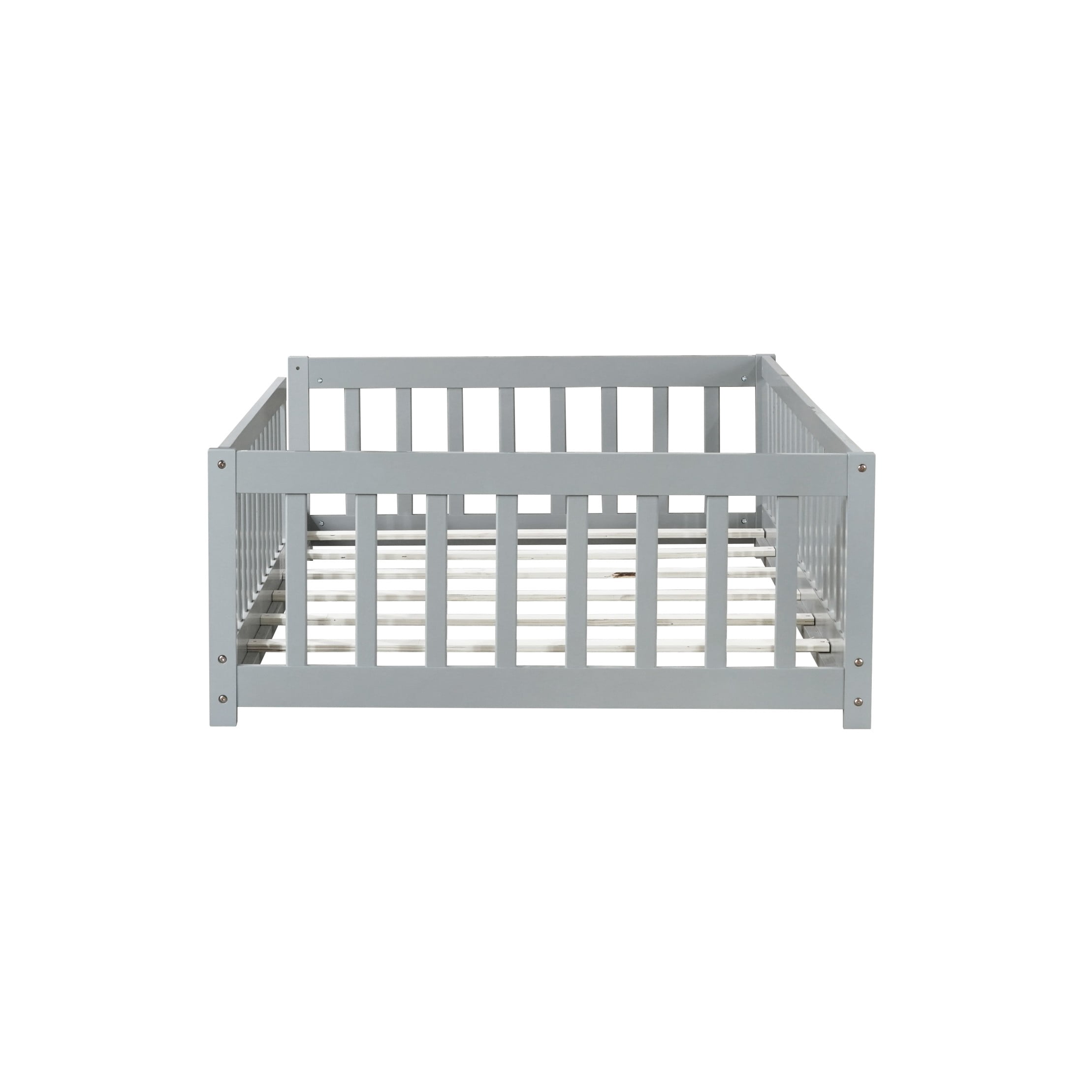Noble House Nira Twin Size Floor Bed with High Fence, Sturdy Rubber Wood Montessori Bed, Kid's Room, Gray