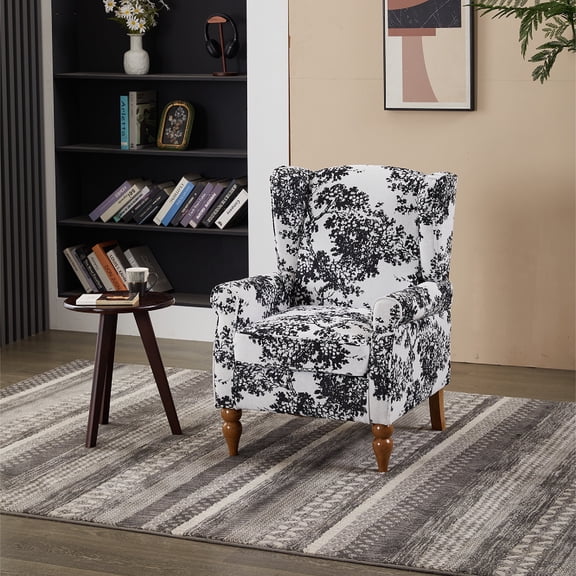 Peispie Vintage High Back Accent Chair with Side Table, Upholstered Wingback Armchair and Wooden Coffee Table Set, Comfy Reading Chair with Rolled Arms for Living Room Bedroom Office Lounge,Floral