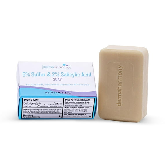 DermaHarmony 5% Azufre 2% Jabón en barra de ácido salicílico 4 oz - Elaborado para personas con dermatitis seborrehica, caspa y psoriasis (1 barra)
