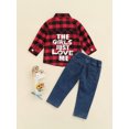 thumbnail image 4 of Bagilaanoe 2Pcs Toddler Baby Boys Christmas Outfits Letter Print Long Sleeve Plaid Shirt Tops + Jeans Denim Trousers 1T 2T 3T 4T 5T 6T Kids Fall Long Pants Set, 4 of 9