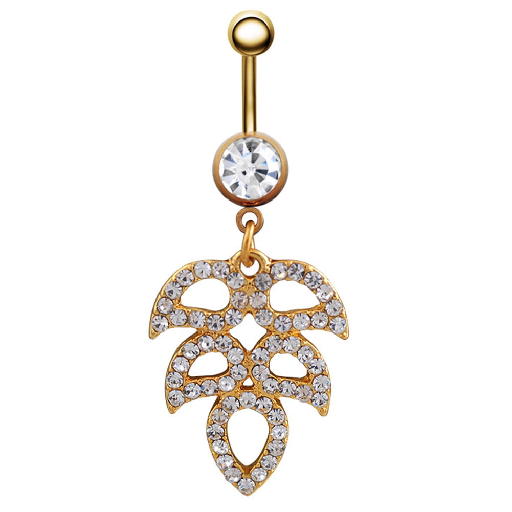 Dangle Belly Button Rings Navel Barbell Women Openwork Leaves Stainless