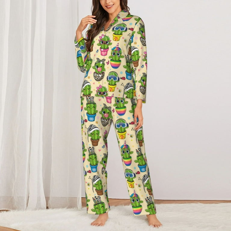 Kdxio Cute Cartoon Cactus Women's Pajama Sets Long Sleeve Button