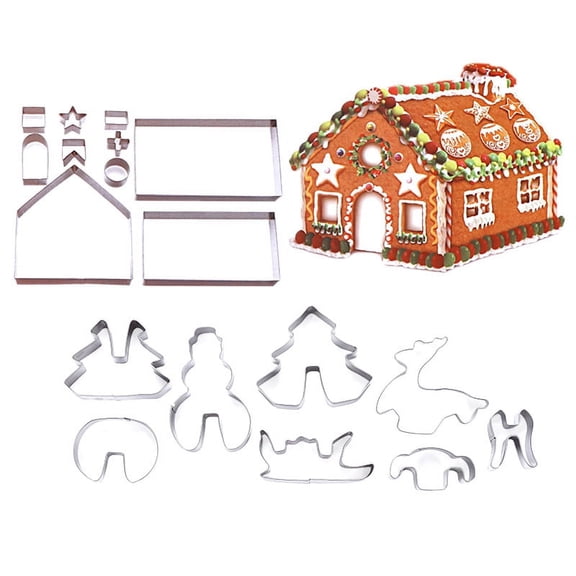 18Pcs 3D Gingerbread House Stainless Steel Christmas Scenario Cookie Cutters Set Biscuit Mold Fondant Cutter Baking Tool,18 * Christmas Cookie Molds,Silver