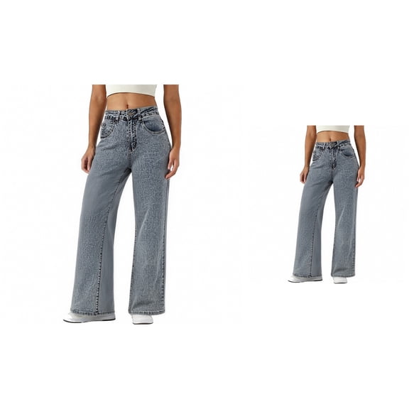 High Waist Loose Fit Flare Denim Pants with Bow Embroidery Wide Leg Boyfriend Jeans for Women, Stretchy Baggy Bootcut Casual Trousers