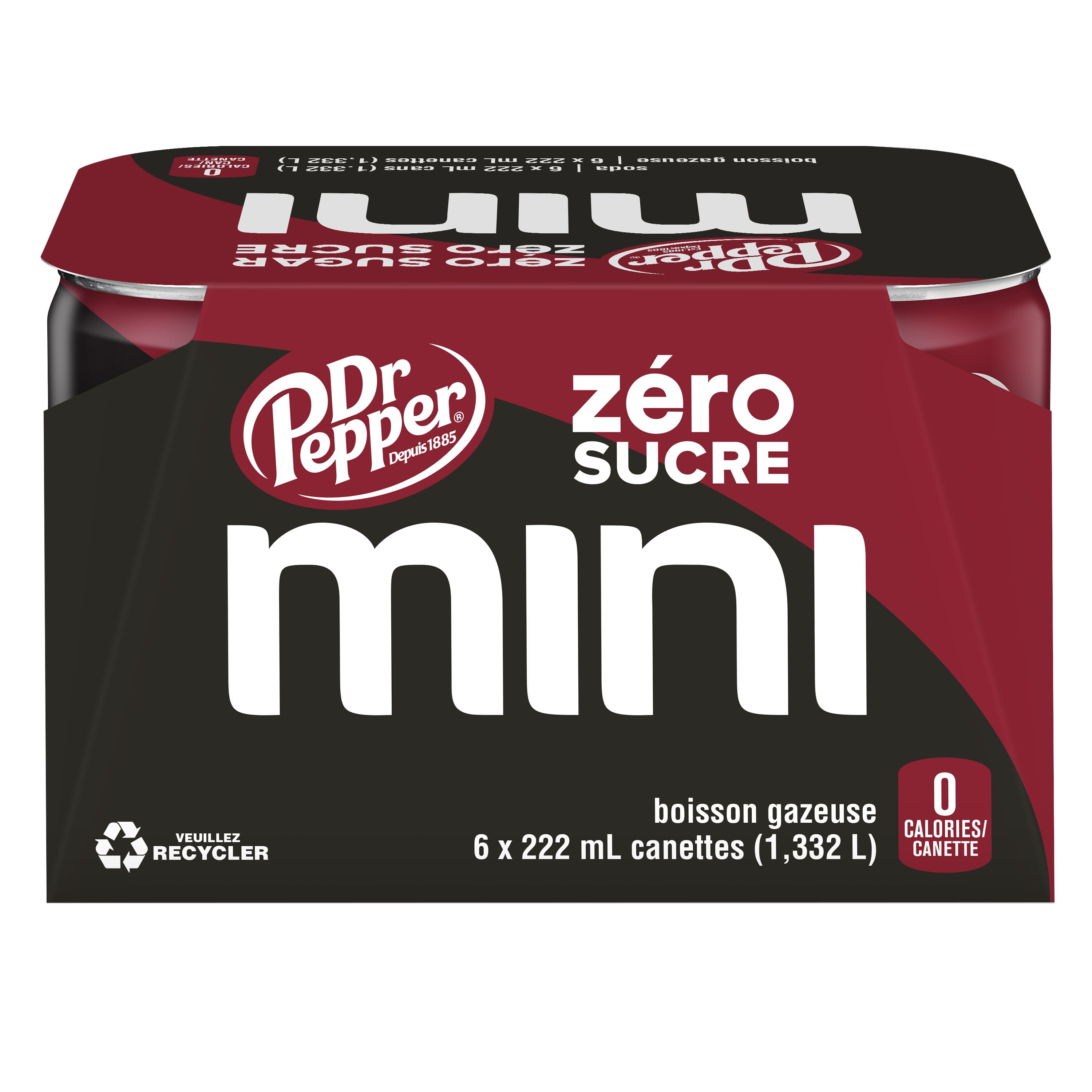 Dr Pepper Boissons aromatisées Original 6 x 222 mL Dr Pepper Zéro sucre est un mélange unique de 23 saveurs qui ne contient ni sucre ni calorie. Les autres sodas peuvent bien s'essayer, mais seul Dr Pepper Zéro sucre peut satisfaire votre envie de saveur!