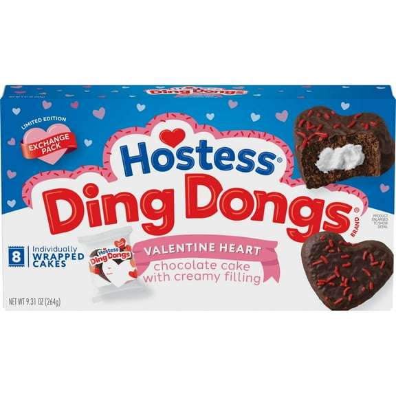 Hostess Ding Dongs Valentine Heart Chocolate Snack Cakes with Creamy Filling, 9.31 oz Box (8 Cakes)