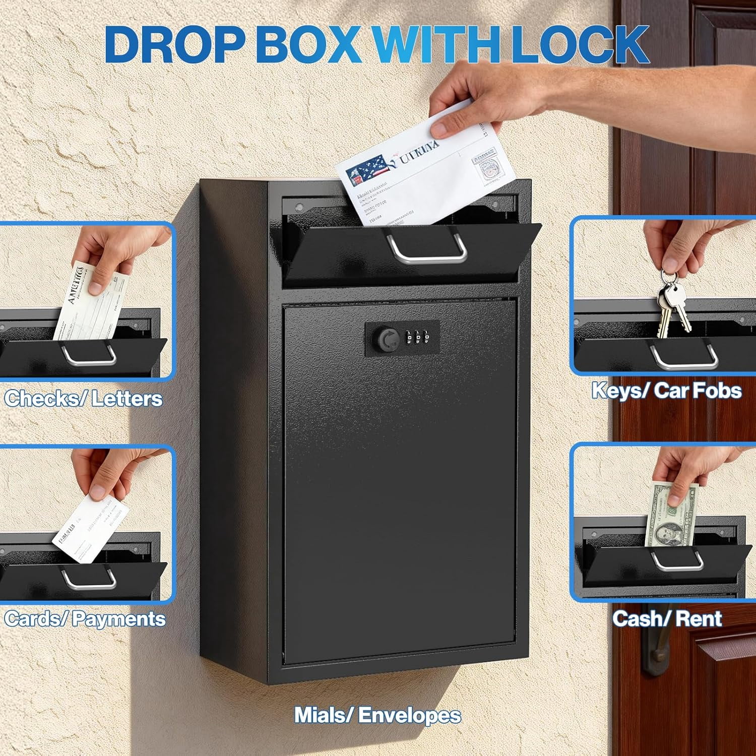 Locking Wall Mailbox Drop Safe - Heavy Duty 1.2mm Steel Code Box for Business, Cash & Keys
