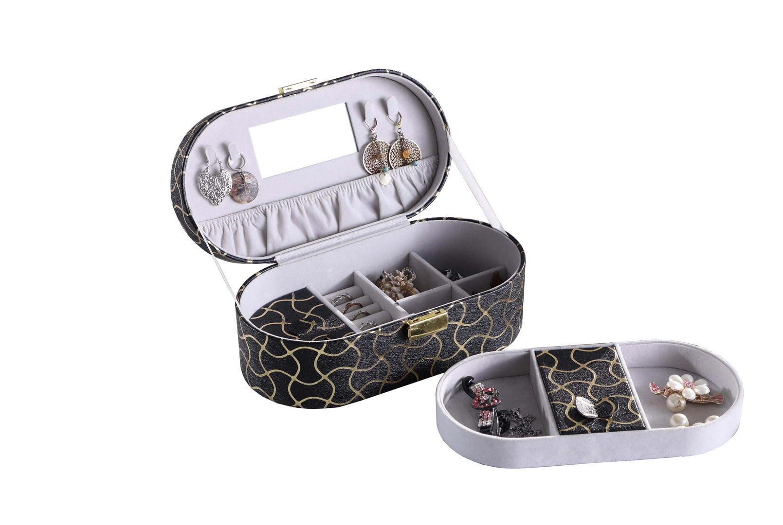 9.5" Long Leather Jewelry Organizer Case with Mirror, Gold Swirl Pattern, Black, for Earrings, Rings, Necklaces and Bracelets, Travel Jewelry Box for Women