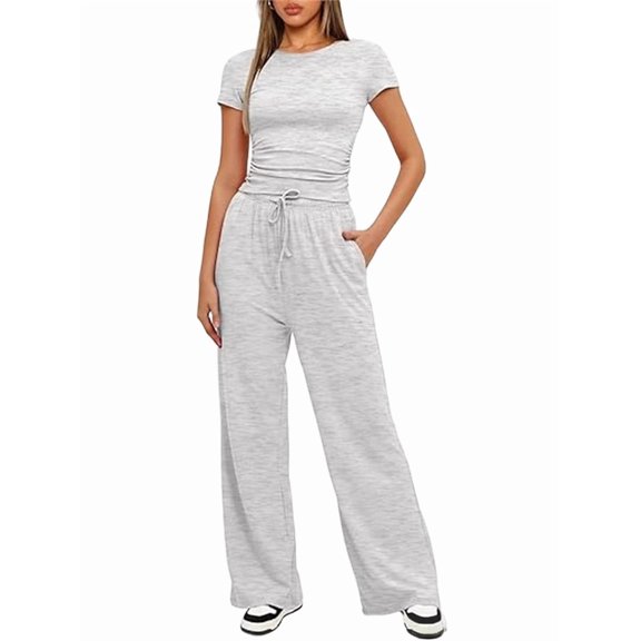 Women'S 2 Piece Set Outfits Lounge Sets Ruched Short Sleeve Tops High Waisted Wide Leg Pants Tracksuit Sets Light Gray S