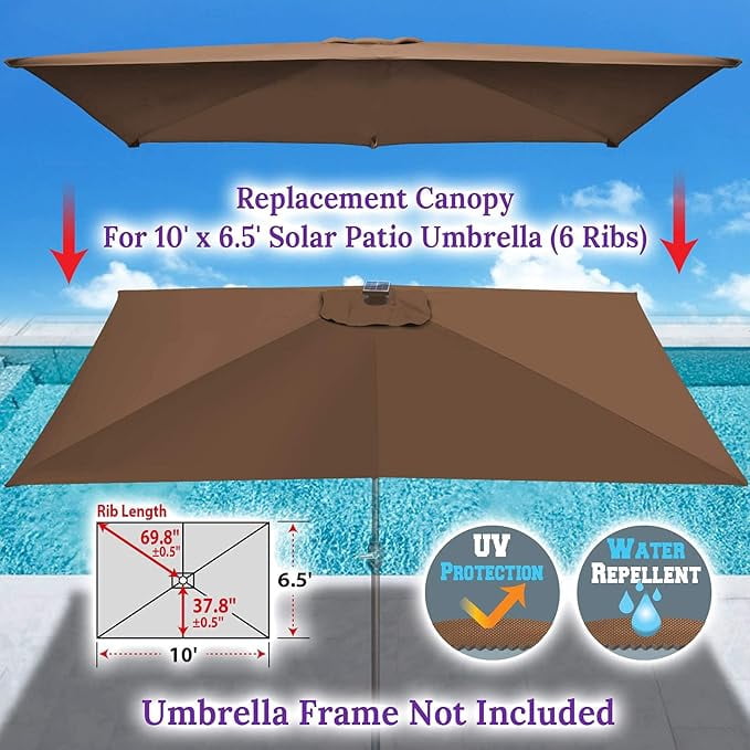 SOLAXO 6-Rib 10'x6.5' Solar Patio Umbrella Replacement Canopy cover for Outdoor