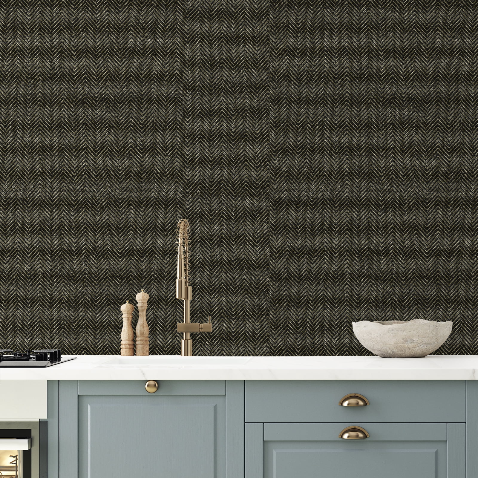 Large Size 30"x236" Grasscloth Peel and Stick Wallpaper Black and Gold Textured Wallpaper Self Adhesive Herringbone Metallic Contact Paper Decorative Vinyl Wall Covering for Bedroom Bathroom