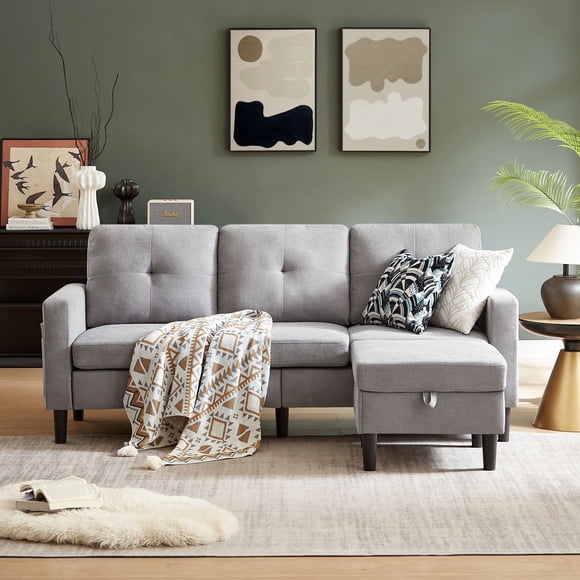 Soscana Living Room Sectional Sofa Couch with Reversible Ottoman 3 Seater L-shaped Couch Convertible Modular Sofa for Home Small Space Apartment Office Studio,Storage Design,Tool Free Assemble