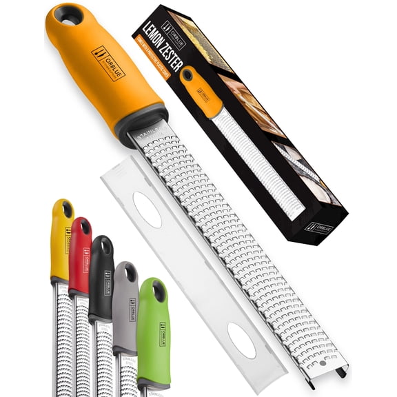 Orblue Lemon Zester & Cheese Grater - Premium Citrus Zester, Kitchen Grater for Parmesan, Chocolate, Fruits, Vegetables, Ginger, Garlic, Nutmeg - Stainless Steel Blades with Protective Cover, Orange