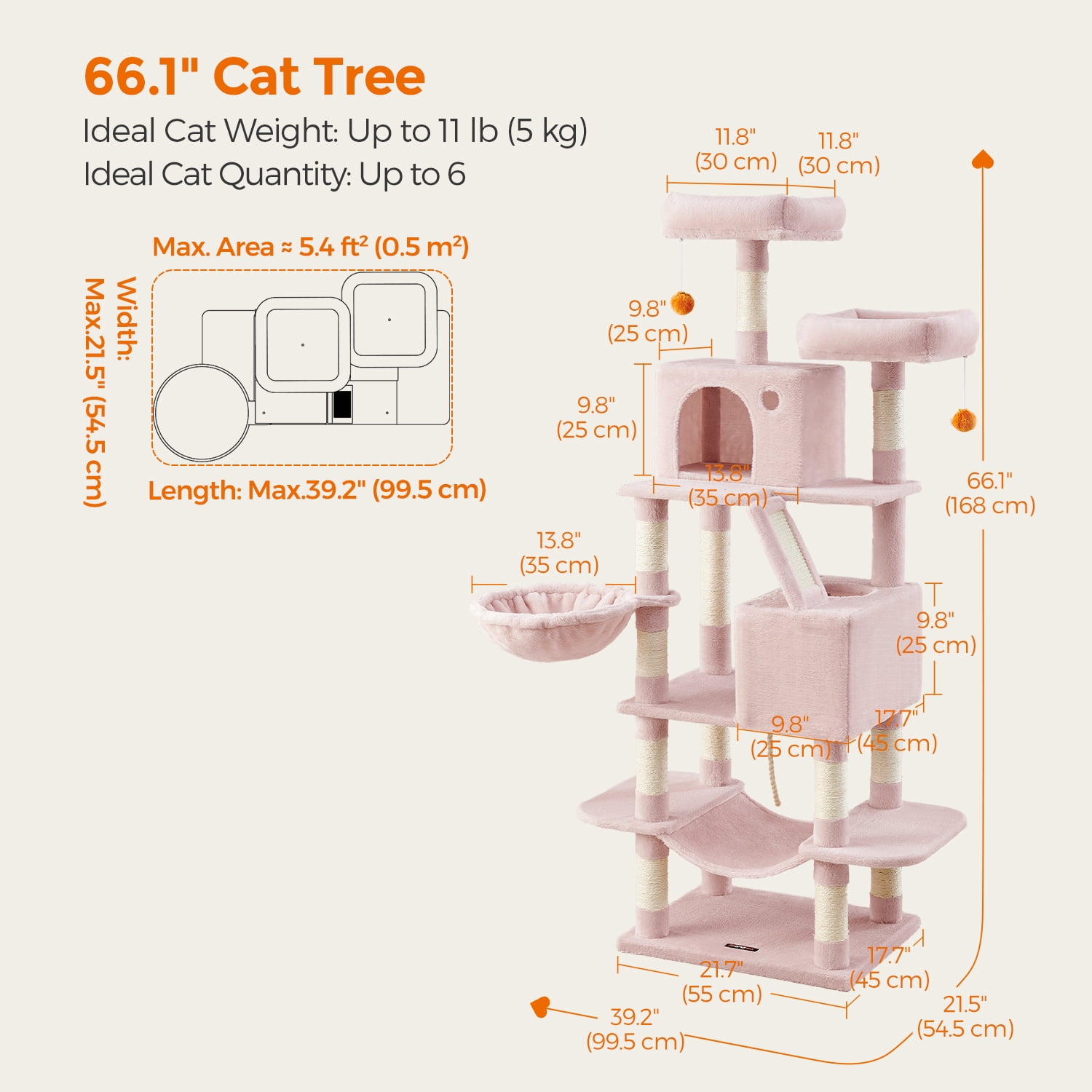 LEDREM Multi-Level Cat Tree Tower with 13 Scratching Posts, 2 Perches & Caves, Hammock, Basket & Pompoms - Plush Indoor Cat Condo, Jelly Pink