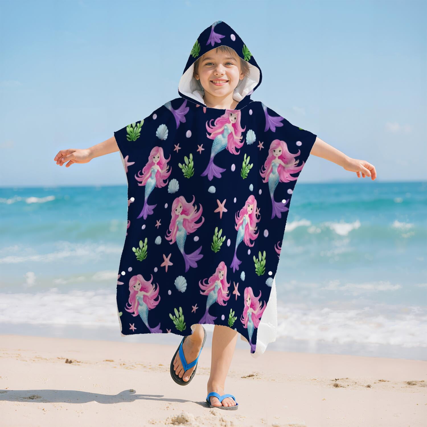 Hooded Kids Beach Towels - Toddler Bath Towel Girls Boys Swimming Cover-ups for Ages 2 to 6 Kids Pool Towels Quick Dry Lightweight Soft Microfiber Poncho Towel 28x28 (Mermaid Seashell)
