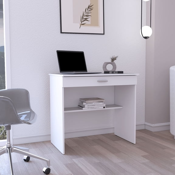 Compact Writing Desk with Drawer and Lower Shelf, 80 C White Engineered Wood Workstation for Small Spaces