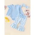 thumbnail image 2 of Loicainy Baby Toddler Girls 3 Piece Flare Pants Outfits 3 6 9 12 18 Months Ribbed Long Sleeves Romper and Daisy Print Elastic Pants Headband Set Fall Spring Clothes Set, 2 of 9