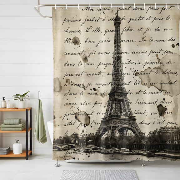 Shower Curtains for Bathroom, Paris Tower Waterproof Fabric Shower Curtain, Vintage Words Beige Grey Decorative Bathroom Curtain for Bathtub, 72"x72", No Hooks Included