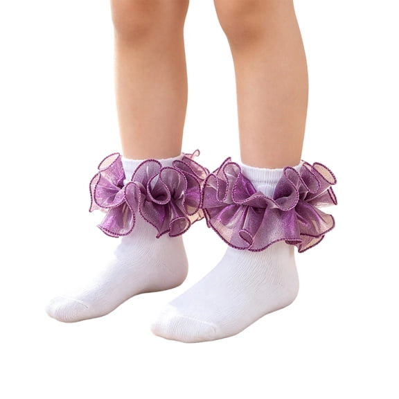 Lumtrix Girls Socks Big Ruffle Frilly Socks Soft Cotton Double Lace Fold Trim Cute Dress Socks Fit Daily School Church Purple S
