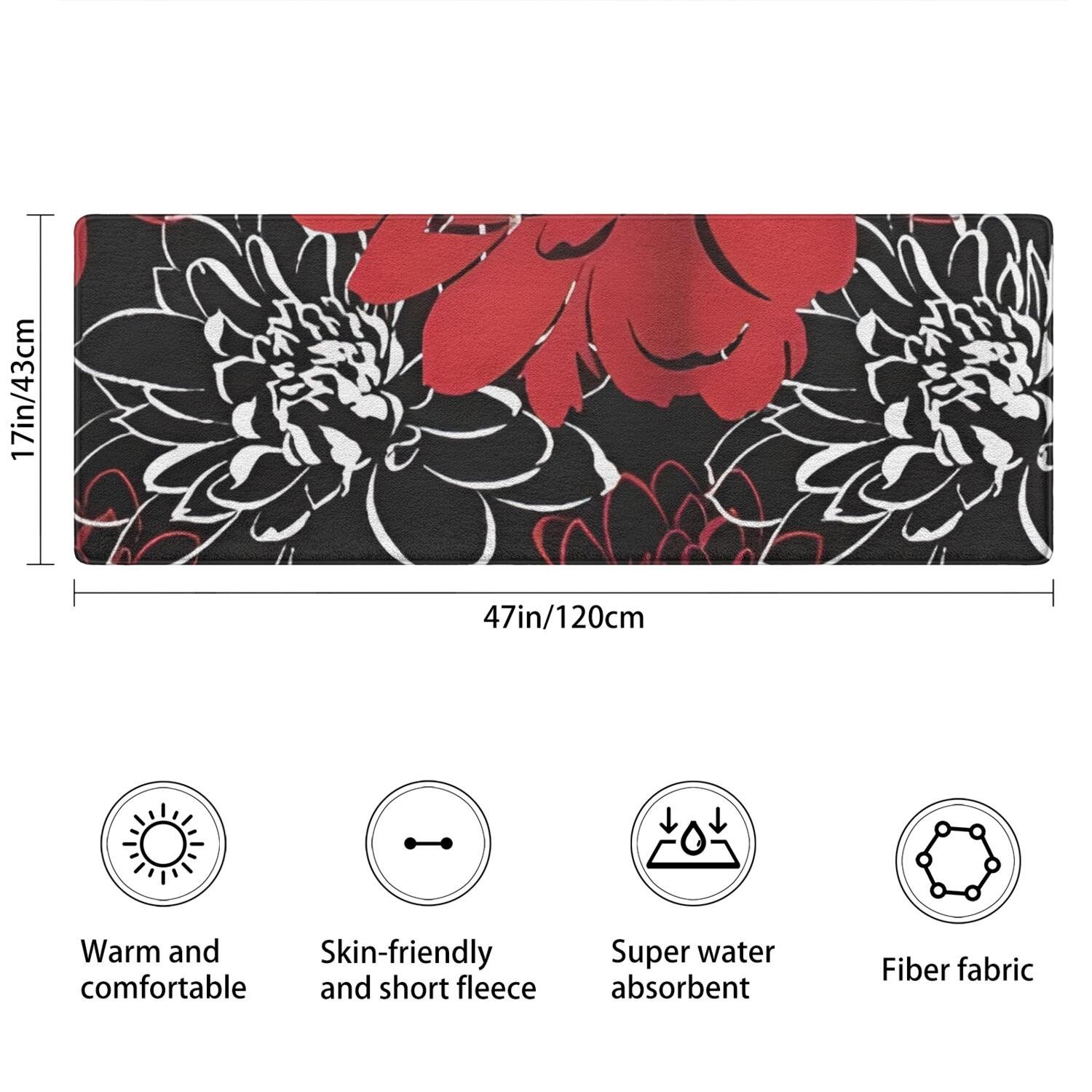 Red and Black Pioneer Flower Pattern Bathroom Rugs Mat,Non Slip Microfiber Bathroom Rug,Rubber Backing,Soft Bathroom Mats for Bathroom Floor,Tub and Shower,47x17in(120x43cm)