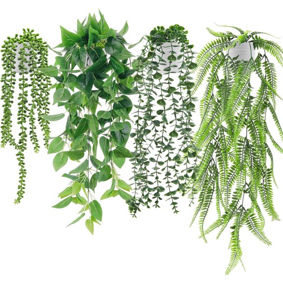 Der Rose Artificial Ivy Vine Faux Eucalyptus Hanging Plants, Boston Fern, String of Pearls in White Pots for Home Decor (4 Count)