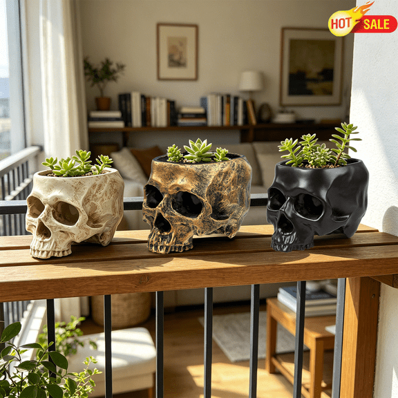 Resin Skull Planter Pot, Spooky Skeleton Head Container, Multi-purpose Succulent Cactus Flower Pot Candy Bowl Storage Jar For Desk Table Indoor Halloween Gothic Home Office Party Decor Holiday Gift