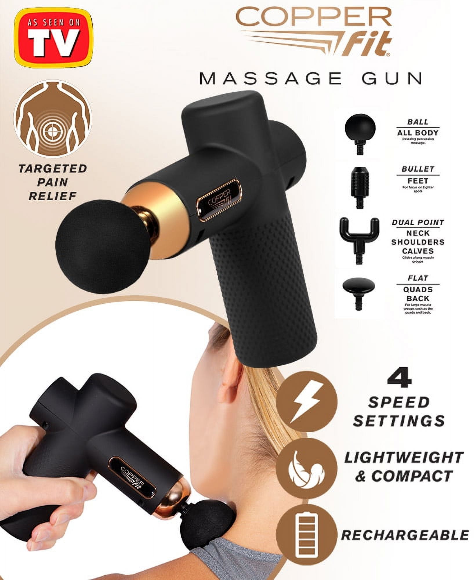 Copper Fit Percussion Massage Gun w/ 4 attachments, Cordless, Rechargeable, Compact, Portable, As Seen on TV