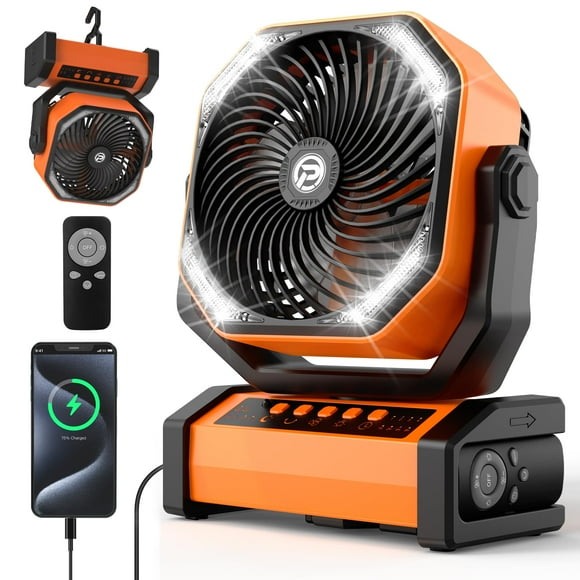 Ventilador de camping KITWLEMEN de 20000 mAh con luz LED con control remoto de 4 temporizadores