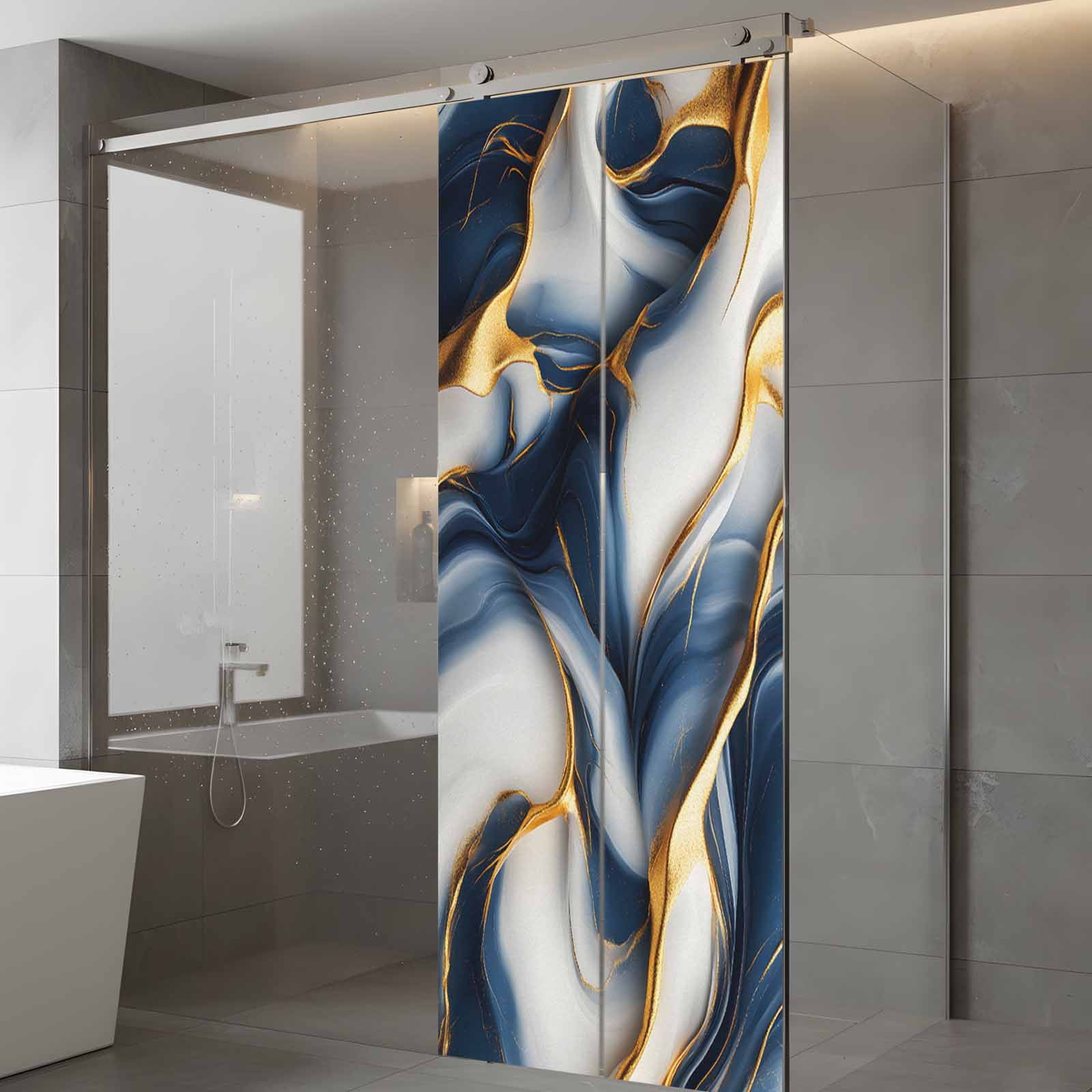 Navy Blue Marble Window Privacy Film, Gold Modern Art Static Cling UV Sun Blocking Heat Control Window Tint Day and Night, Non-Adhesive Reusable One Way Windows Privacy Cover 23.6''x59''