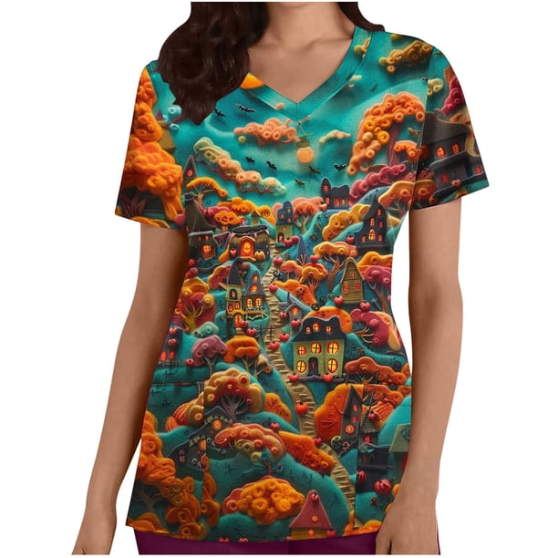 Tops Cortos para las Mujeres, Cuello en V Imprimido Halloween Manga Corta Ropa de Trabajo con Bolsillo, Poliéster Casual