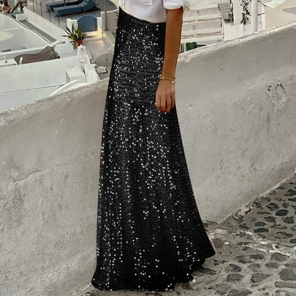 Delliss Women's High Waist Sequin Elegant Loose Sparkle Flowy Ankle Length Skirts
