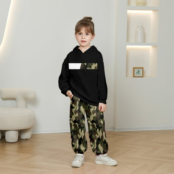 Likimi Toddler Kids Boys Outfit Set Camo Print Long Sleeve Hooded Sweatshirt With Pants Casual Relaxed Soft Fall Winter Clothing Set Size 9-10 Years Black