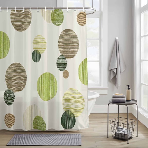 Bathroom Shower Curtain Polka Dot Vintage Geometric Waterproof Shower Curtains with Hooks, Green Brown Wave Point Bath Curtains Bathtub Curtain Home Decor 36x72in
