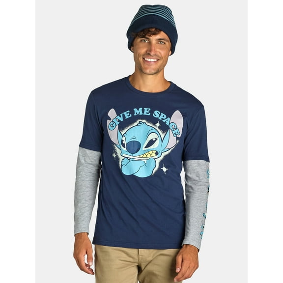 Stitch, Men's & Big Men's Long Sleeve Graphic Tee Shirt and Beanie Hat Set, Sizes XS-3XL