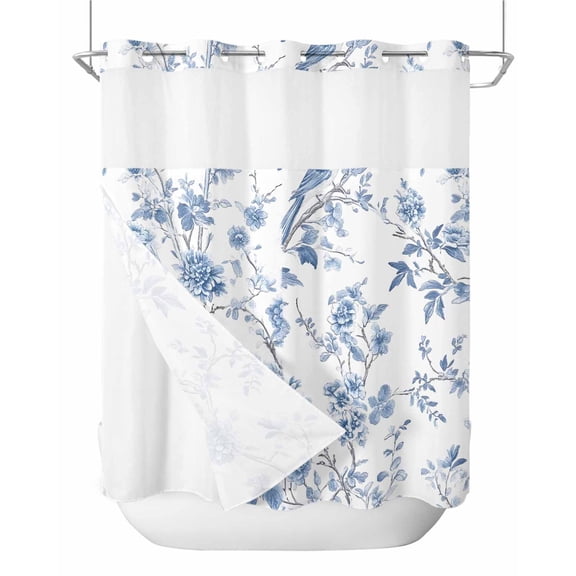 Anzona No Hook Shower Curtains, Blue White Spring Floral Standard Shower Curtains with Snap in Liner, Summer Botanical Birds Waterproof Washable Fabric Bathroom Shower Curtain Sets, 66" x 72"