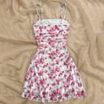 thumbnail image 2 of MORTTIC Women's Boho Floral Mini Spaghetti Strap Ruched Sundress with Ruffle Hem for Beach & Vacation Red，M, 2 of 5