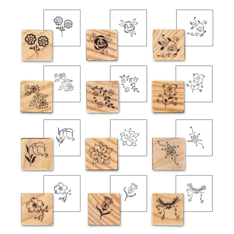 15 Pieces Wooden Rubber Stamps Set,Plant and Flower Craft Stamps Decorative  Vintage Wooden Mounted Rubber Stamps for Crafting,Diary,DIY