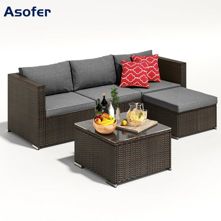 Patio Furniture Set On Sale, Asofer 5 Pcs Outdoor Sectional Furniture Sofa Set With Cushion &Amp; Glass Table, Gray