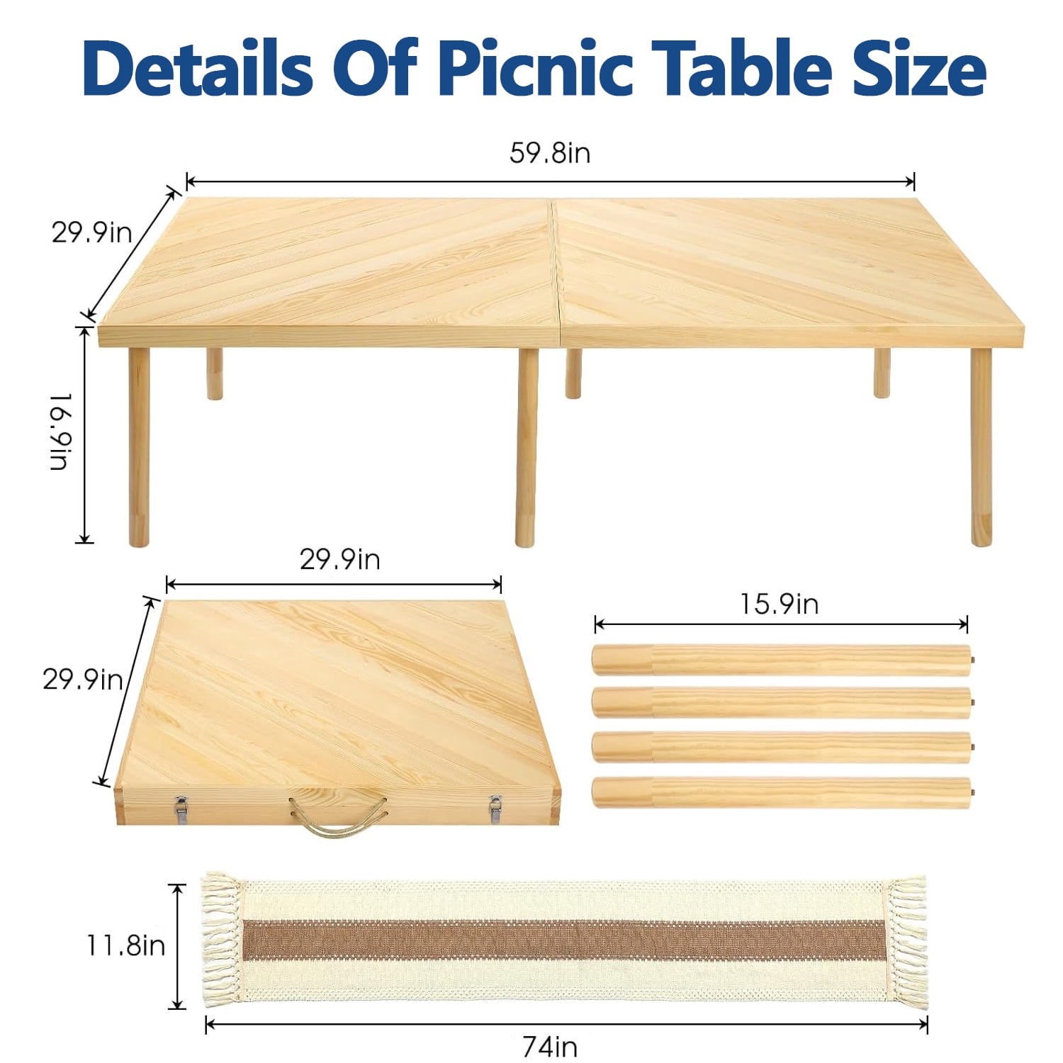 60" x 30" Foldable Boho Low Picnic Table, Solid Wood Beach Table with Adjustable Legs, Portable Indoor & Outdoor Floor Table for Picnic, Camping, BBQ, Wedding, Patio & Family Gatherings