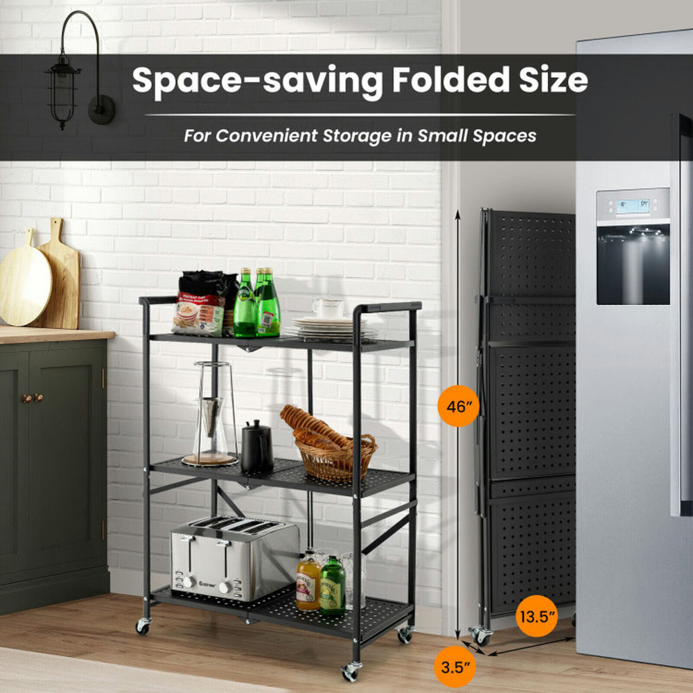 Finihen Rolling Cart, Kitchen Island Cart, 3-Tier Folding Utility Cart with 2 Lockable Casters, for Kitchen, Dining Room, Black Finihen Rolling Cart, Kitchen Island Cart, 3-Tier Folding Utility Cart with 2 Lockable Casters, for Kitchen, Dining Room, Black