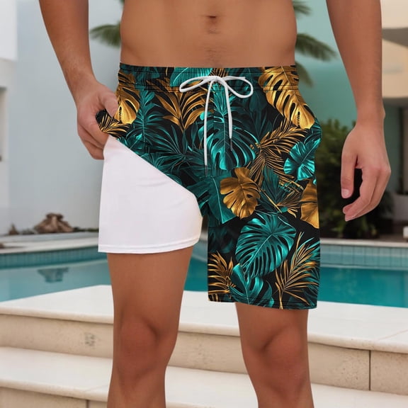 LEKWK Plus size Mens Swim Trunks with Compression Liner Double Layer Swim Trunks Floral Graphic Print Swim Shorts Quick-Dry Stretch Athletic Beach Outfits