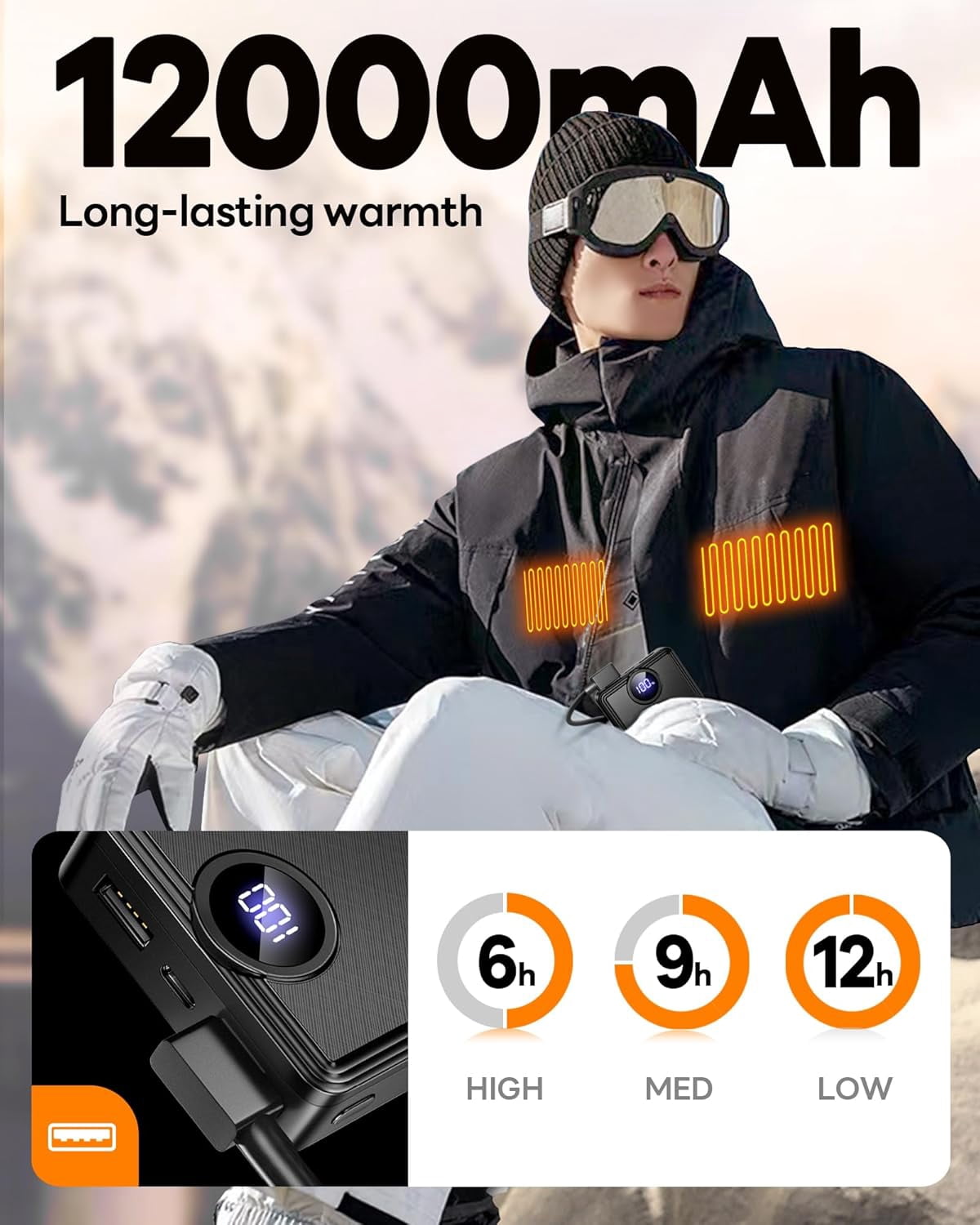 Heated Vest Battery Pack, Portable Power Charger 12000mAh 5V/2A Power Bank with LED Display, Compatible with Soleilwear USB Heated Clothing - No for 7.4V DC Heated Devices