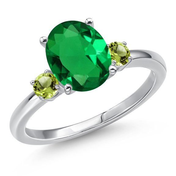 Gem Stone King 14K White Gold Green Nano Emerald and Green Peridot Engagement Ring for Women | 2.24 Cttw | Oval 10X8MM | Gemstone May Birthstone | Size 7