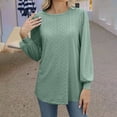 thumbnail image 2 of Lenpel Women's Embroidered Eyelet Tops Dressy Lantern Long Sleeve Crew Neck Pleated Loose T Shirts Business Casual Blouses(Green,Small), 2 of 7